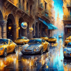 Luxury cars in vibrant street scene with sparkling lights and reflections