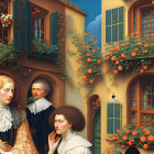 Historical clothing painting with quaint house backdrop