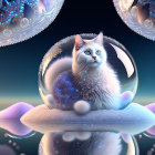 White Cat with Blue Eyes in Cosmic Bubble with Orbs