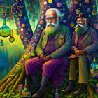 Elderly men in fantastical forest with glowing jars