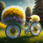 Colorful Bicycle with Dandelion Wheels in Sunny Meadow