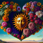 Colorful Heart-Shaped Flower Arrangement with Golden Sun Face in Scenic Landscape