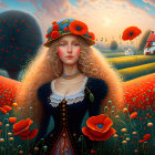 Vibrant poppy field portrait with whimsical house scenery