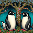 Three penguins under heart-shaped leaves, starry sky, colorful hearts.