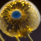 Glowing dandelion with water droplets showcasing intricate details