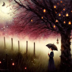 Person under umbrella near pink tree with lanterns, petals, and twilight sky.