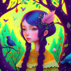 Vibrant illustration of girl with blue hair and yellow dress among birds and foliage