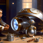 Boy in pilot outfit with robot among model rockets and tools in front of spacecraft viewport.