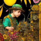 Whimsical digital art: Boy, mice, mechanical elements, vibrant flowers