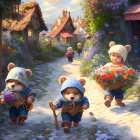 Anthropomorphic teddy bears in village scene with child and blooming flowers