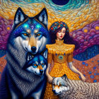 Woman in Yellow Patterned Dress with Wolves in Vibrant Cosmic Setting