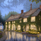 Twilight scene of Tudor-style cottage with ivy, lit windows, serene water reflection.