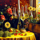 Colorful still-life with wine bottles, glasses, roses, and a castle in the background