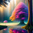 Fantasy forest with oversized purple trees and reflective water