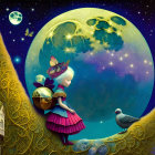 Illustration of girl on crescent moon with full moon, stars, turreted structure, butterfly