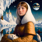 Surreal portrait of woman in golden attire with white fox in icy landscape