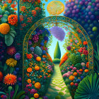 Colorful illustration: Ornate garden gate, magical pathway, diverse flora.