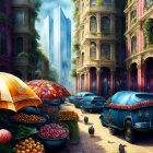 Vibrant street scene with fruit stands, vintage cars, and skyscrapers