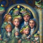 Surreal painting: Human children with frog features in Victorian attire amid vibrant vegetation