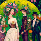 Victorian-era styled individuals in elaborate floral attire in whimsical garden setting