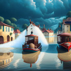 Flooded Village with Boats and Picturesque Houses under Warm Sky