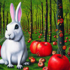 White Rabbit Among Red Apples in Green Forest