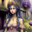 Digital artwork: Woman in grape-themed attire in mystical garden