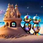 Whimsical digital art: large sandcastle, colorful robots on beach