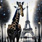 Surreal giraffe illustration with Eiffel Tower in twilight sky