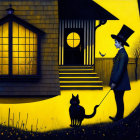 Stylized yellow and black illustration: Person with top hat walking cat on leash at night