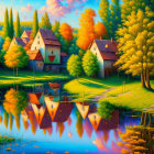 Colorful Autumn Village Scene with Reflecting Lake and Docked Boat