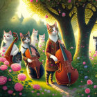 Anthropomorphic Cats Playing Instruments in Magical Garden