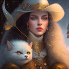 Woman in decorated hat holding white cat in snowy scene with warm-lit house