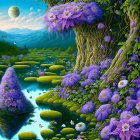 Fantastical landscape with purple flowers, greenery, lily pads, and moonlit sky