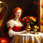 Historical woman in red and white dress with pearls, roses, and golden harp.