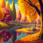 Colorful Autumn Trees Reflecting in Calm River Amid Fallen Leaves