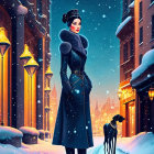 Illustration of woman and dog in stylish winter attire on snowy city street