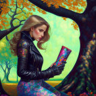 Woman in Floral Dress and Leather Jacket Holding Scroll in Autumn Woodland