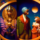 Surrealist portrait featuring four fantastical figures in opulent attire