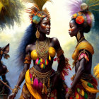 Four individuals in traditional African attire with elaborate accessories on soft background