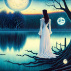 Woman in white dress by moonlit lake with two moons reflected, birds flying in dusk sky