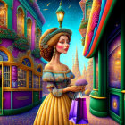 Historically dressed woman with shopping bags in vibrant city street at twilight