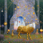 Surreal golden horse in mystical forest with floating clocks and flowers