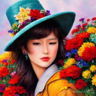 Detailed illustration of woman with wavy hair in turquoise hat with colorful flowers, set against vibrant floral backdrop