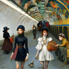 Surreal painting: Four women in vintage attire in modern subway