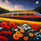 Colorful Train Journey Through Vibrant Flower Landscape at Twilight