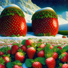 Snow-covered giant strawberries in whimsical landscape with starry sky