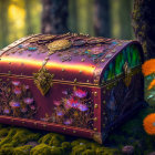 Decorated treasure chest in mystical forest with glowing flowers and gold accents