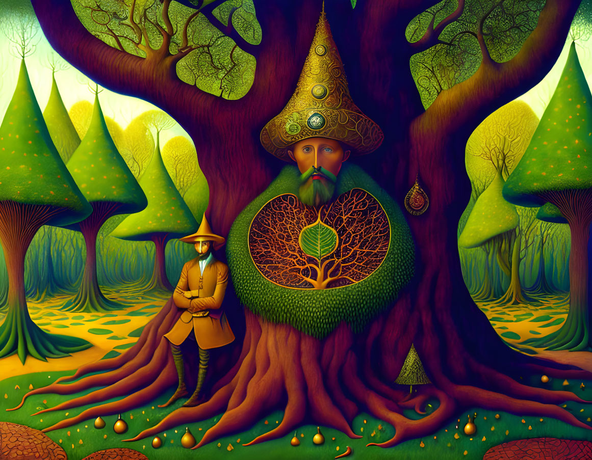 Surreal painting of man with tree body in forest