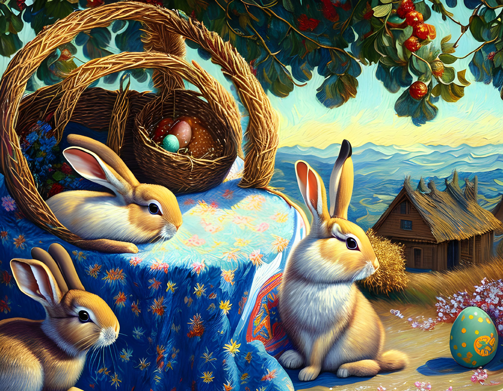 Colorful painting of three rabbits, eggs, and cottage scenery